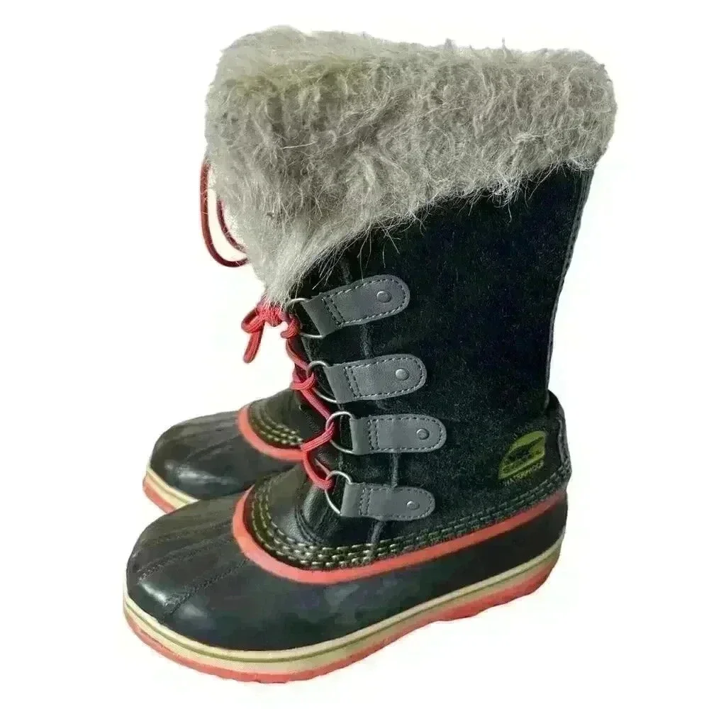 Sorel Joan of Arc Boot Girls Size 4 Black Suede Orange Rubber Waterproof